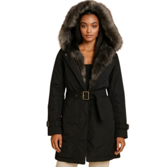 Women’s Black Fur-Trimmed Parka – Dyed Rabbit Lining Fox Trim Belted SZ Med New - Picture 1 of 2